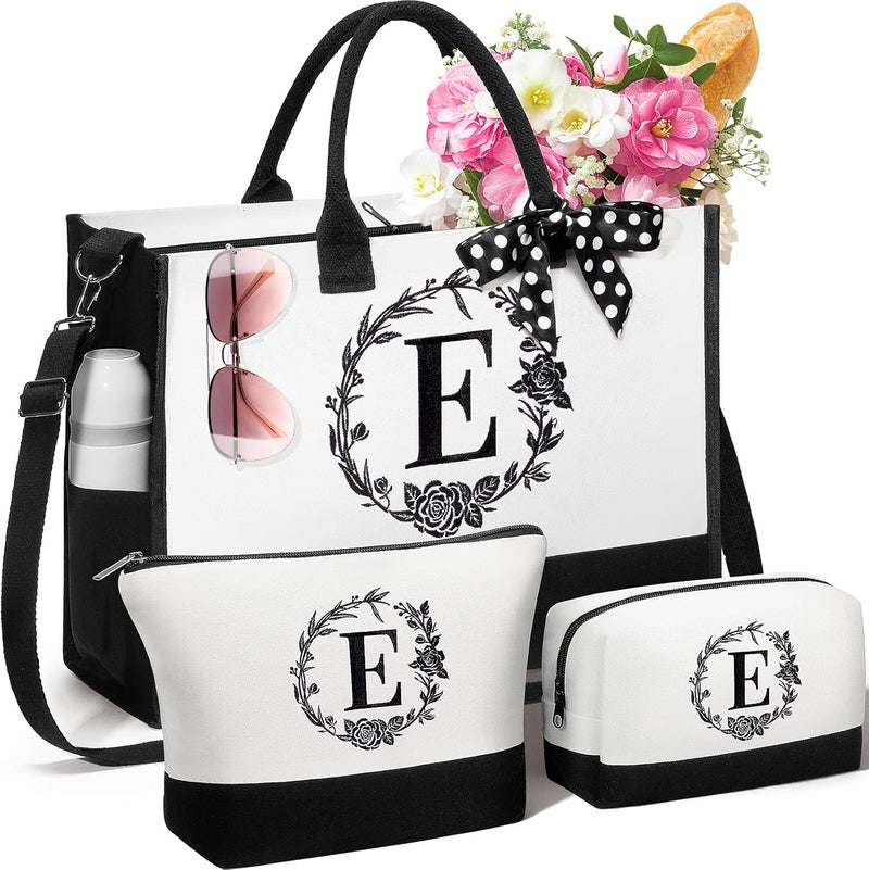 FLOE Personalized Gifts for Women, Initial Canvas Tote Bag & Makeup Bag Monogrammed Beach Tote Bags for Women w/Zipper, Valentines Day Birthday Gifts for Her Wife Girlfriend Mom Sister Best Friend Teacher - Image 1